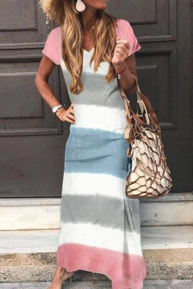 Casual Loose Colouring Striped Short Sleeves Ankle-length Maxi Dress