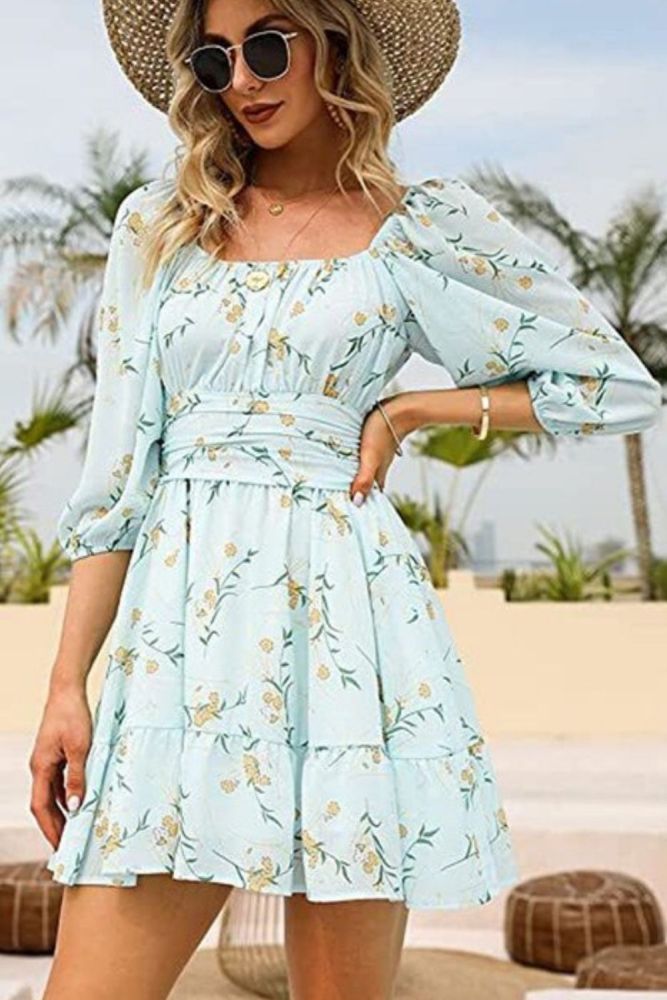 Womens Dresses Flower Printed Midi Sundress Bohemian Fancy Party Beach Vintage Ruffle Hem Dress