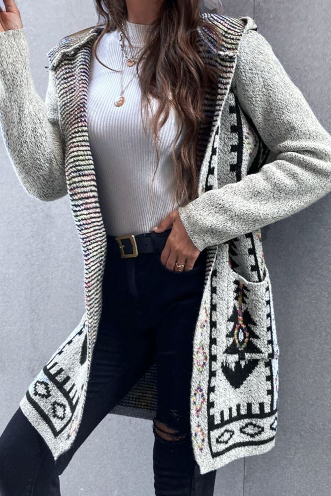 Fashion Tassel Y2K Print Long Sleeve Oversized Knitted Sweater Cardigan