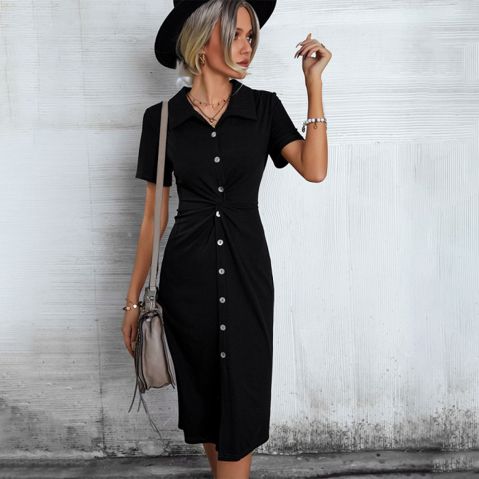 Summer Shirt Collar One Step Skinny Knitted Hip Bodycon Dress