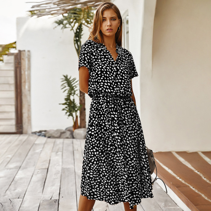 Summer Polka Dot Short Sleeve Dress Shirt Collar Vacation Dress