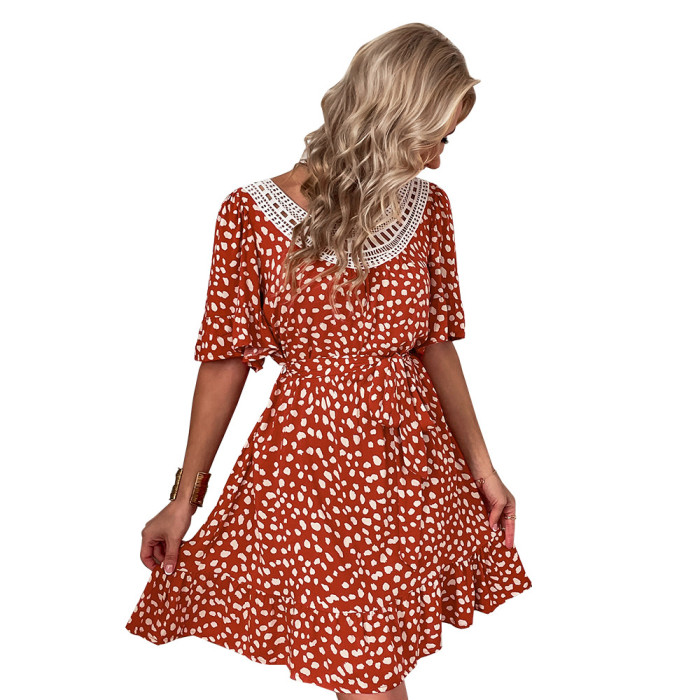 Ins Net Red Short-sleeved Lace Stitching print Large Swing Vacation Dress