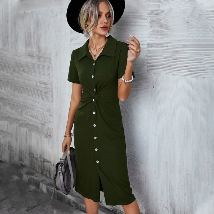 Summer Shirt Collar One Step Skinny Knitted Hip Bodycon Dress