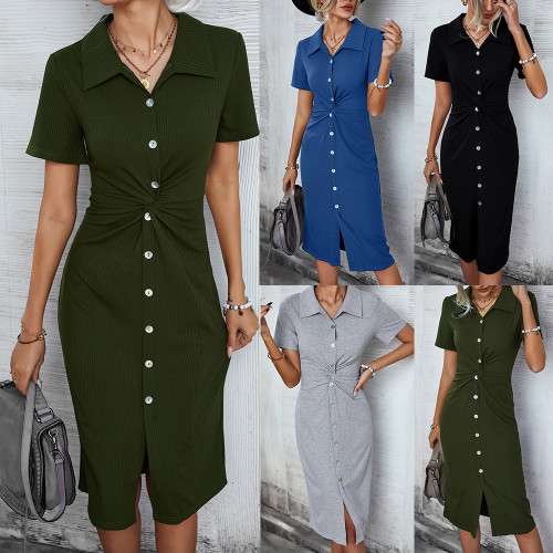 Summer Shirt Collar One Step Skinny Knitted Hip Bodycon Dress