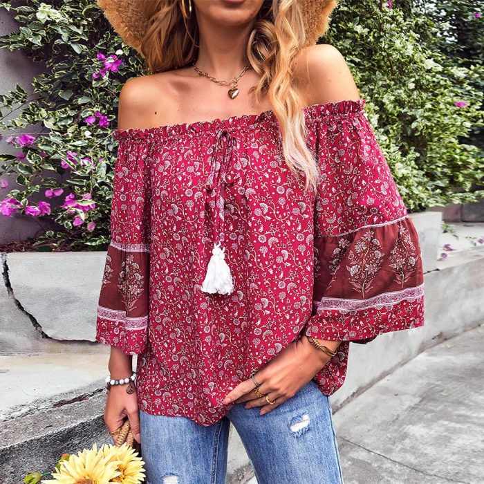 Summer Bohemian Casual Vacation Style Loose Women's One-shoulder Blouse