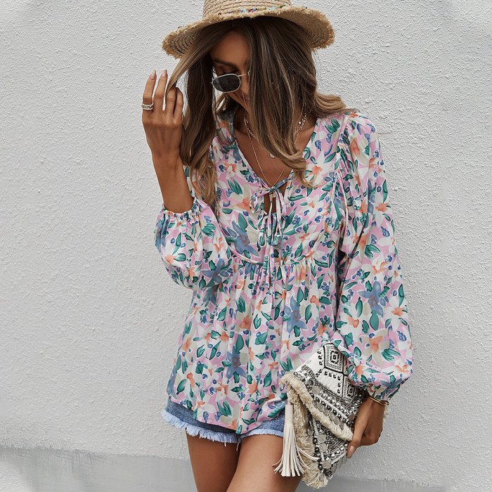 Printed Sexy Blouse Spring and Summer Temperament Casual Holiday Style Blouse