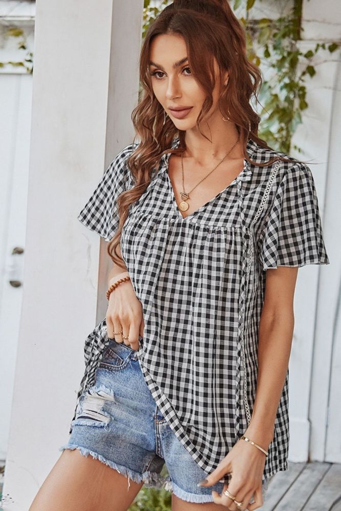 Plaid Tops New Spring And Summer V-neck Girls Blouse