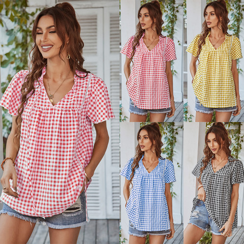 Plaid Tops New Spring And Summer V-neck Girls Blouse