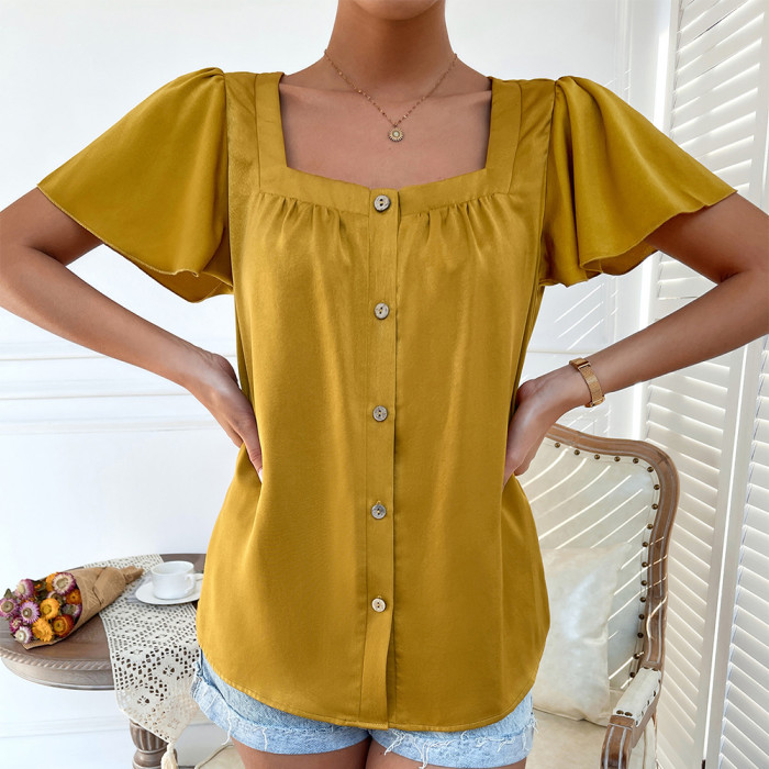 Summer French Square Neck Solid Color Top Temperament And Elegant T-shirt