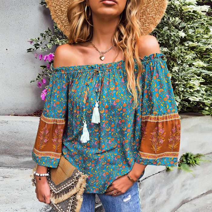 Summer Bohemian Casual Vacation Style Loose Women's One-shoulder Blouse