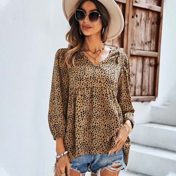Leopard Print Ninth Sleeve Top Summer Sexy Casual Shirt Women