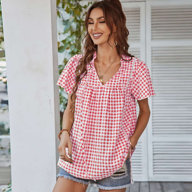 Plaid Tops New Spring And Summer V-neck Girls Blouse