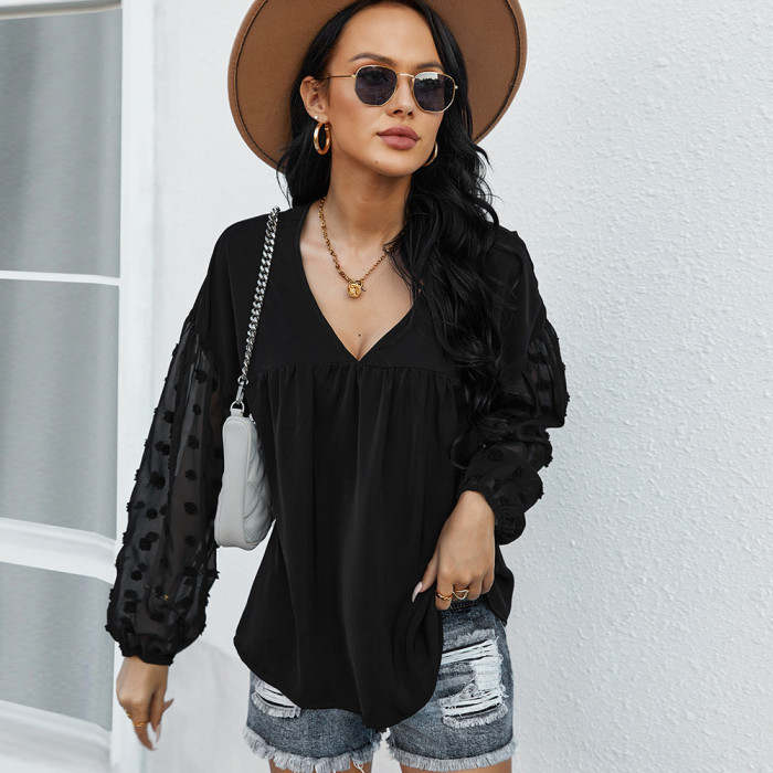 Sexy Stitching Top Spring And Summer Long-sleeved Casual Women‘s Blouse