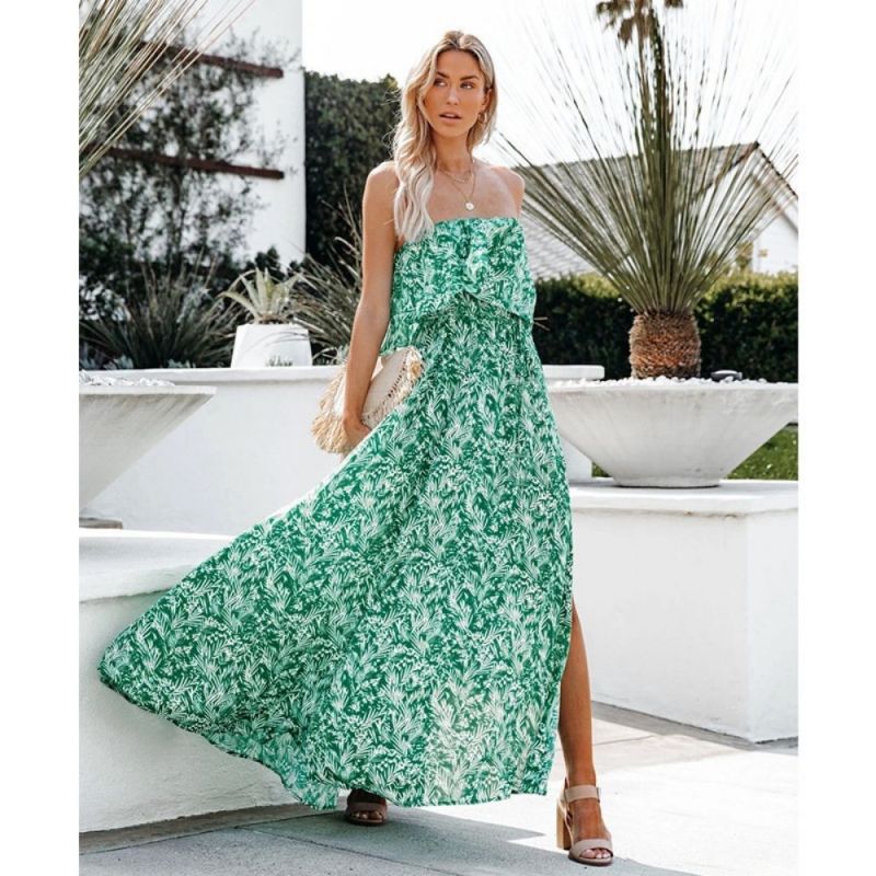 Fashion Sleeveless Maxi Wrap Print Slit Vacation Dress