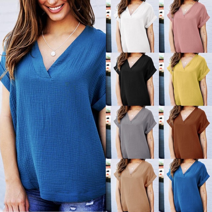 2022 Spring And Summer Women's New Short-Sleeved V-neck Loose Shirt Solid Color Casual Top Women