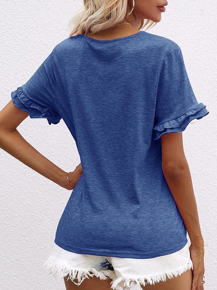 Women's Spring And Summer New Solid Color V-neck Short-Sleeved Pullover Loose Casual T-shirt Top
