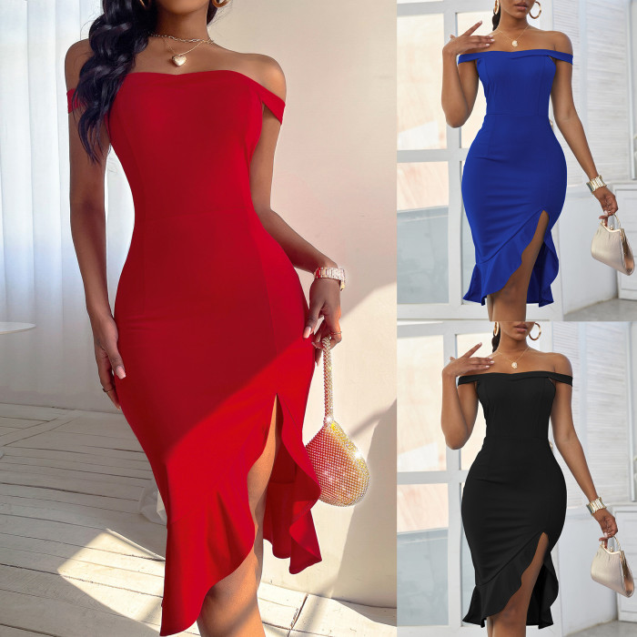 Fashion New Off Shoulder Dress Solid Color Split Evening Dress