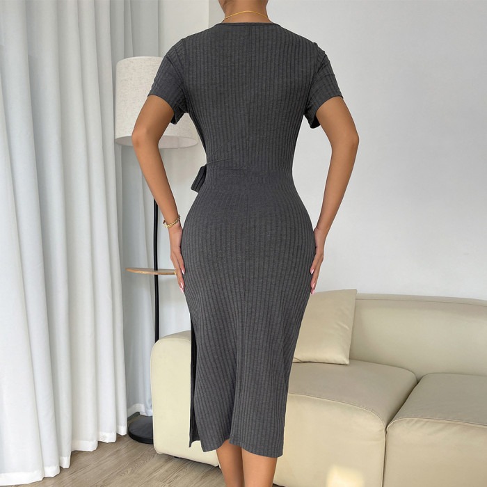 Solid Color Knitted Split One-step Sexy High Elastic Bodycon Dress