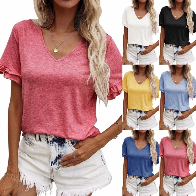 Women's Spring And Summer New Solid Color V-neck Short-Sleeved Pullover Loose Casual T-shirt Top
