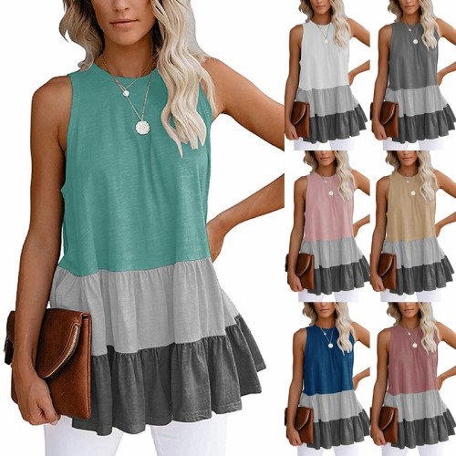 Women's Spring And Summer New Products Sleeveless Stitching Loose Round Neck Ladies Top T-shirt