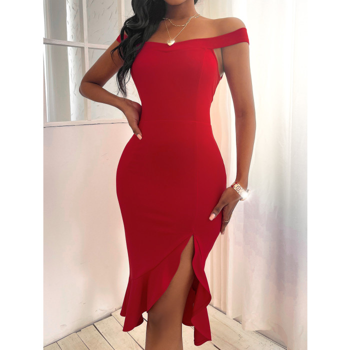 Fashion New Off Shoulder Dress Solid Color Split Evening Dress