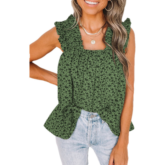 Summer Floral Vest Women's Square Neck Pullover Loose Sleeveless Ruffle Top T-Shirts Women's