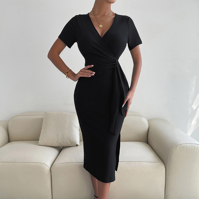 Solid Color Knitted Split One-step Sexy High Elastic Bodycon Dress