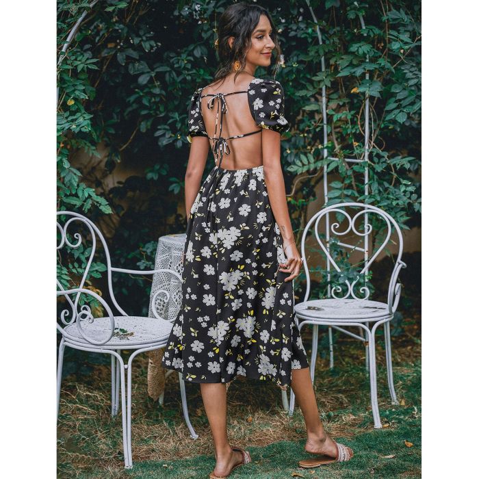 Spring and Summer New Square Neck Skirt Print Sexy Backless Vacation Dresses