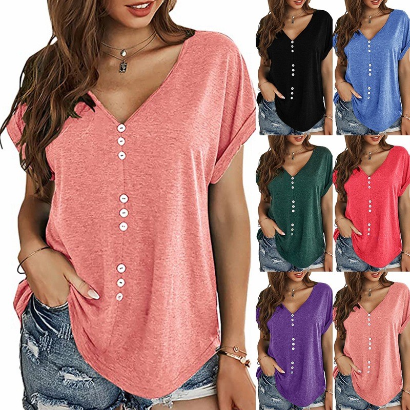 Spring And Summer New Women's Short-Sleeved Pullover Casual V-neck Decorative Button Top T-shirt