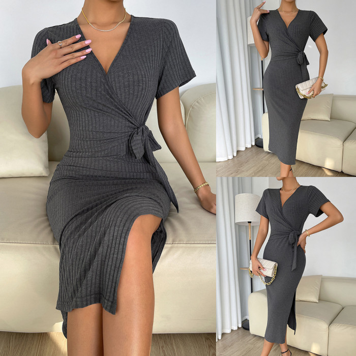 Solid Color Knitted Split One-step Sexy High Elastic Bodycon Dress