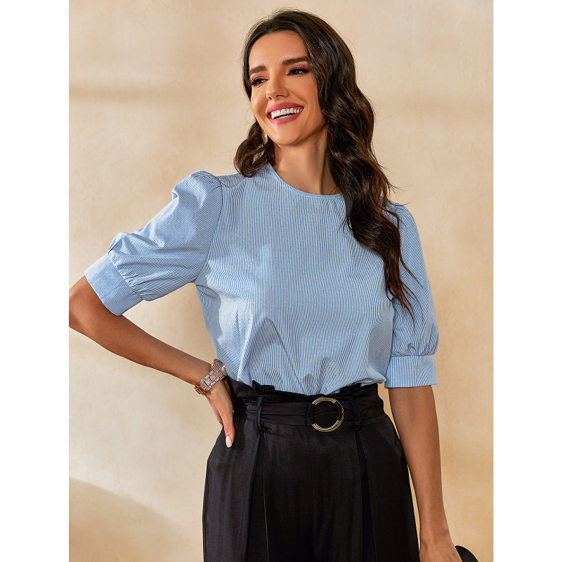 Spring and Summer New Commuter Top Striped Round Neck Puff Seeve  Blouses & Shirts for Women