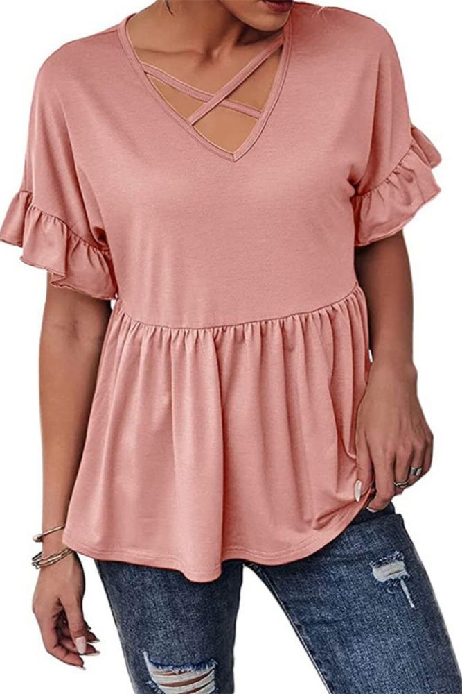 New Hot Selling V-Neck Ruffle Short Sleeve Loose Casual Top T-Shirt
