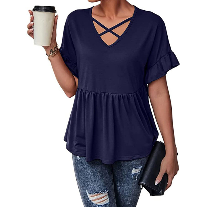 New Hot Selling V-Neck Ruffle Short Sleeve Loose Casual Top T-Shirt