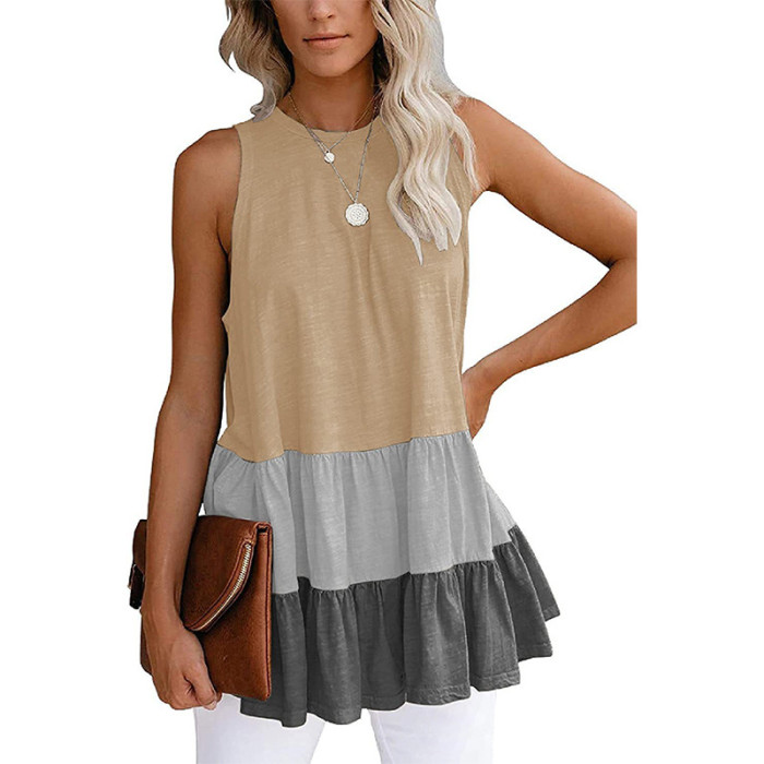 Women's Spring And Summer New Products Sleeveless Stitching Loose Round Neck Ladies Top T-shirt