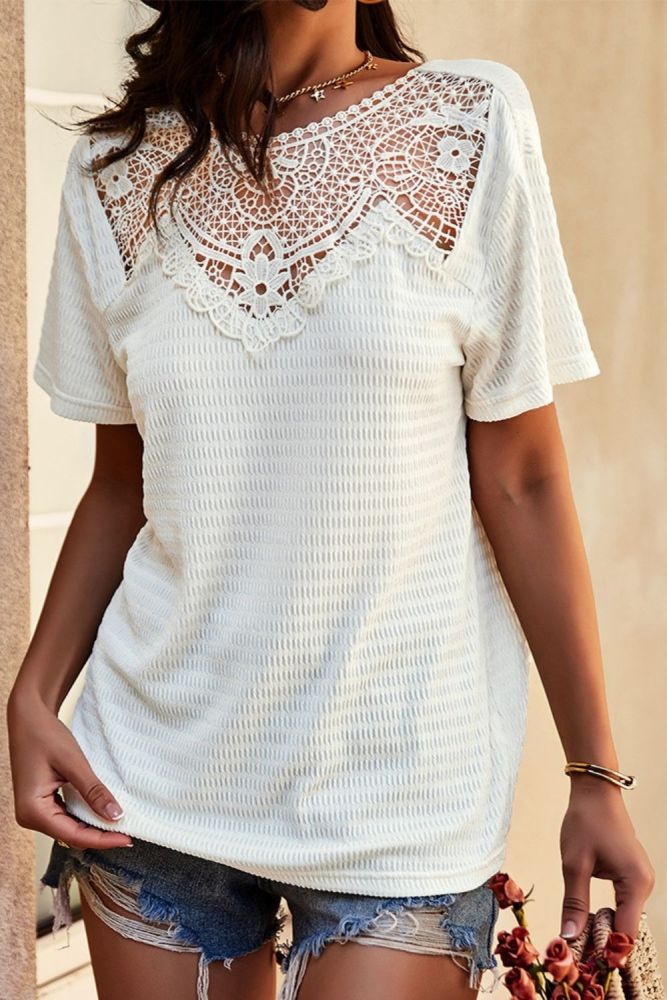 Summer Lace Stitching Sexy Solid Color Top Casual Vacation T-shirt