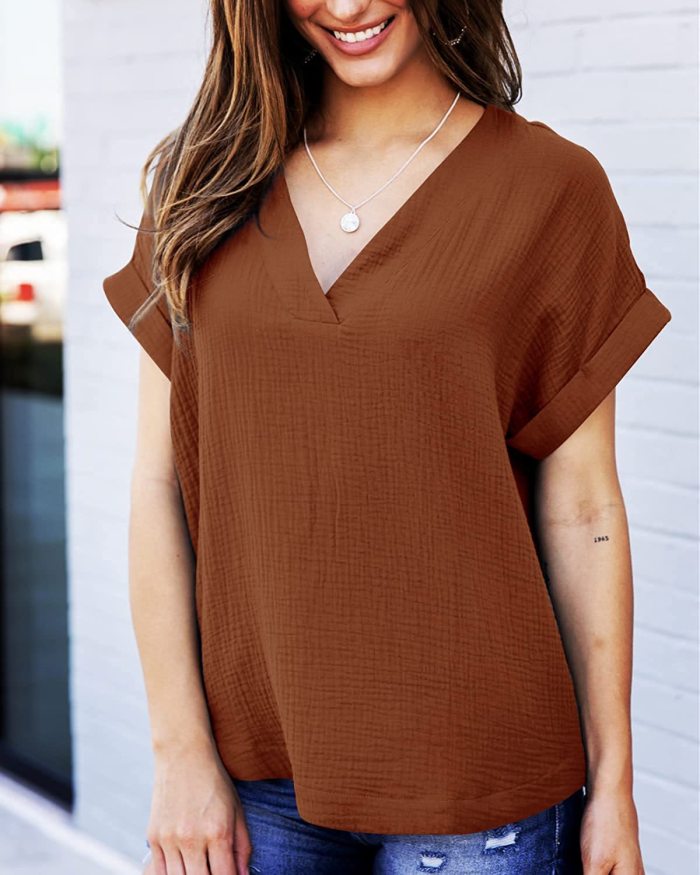 2022 Spring And Summer Women's New Short-Sleeved V-neck Loose Shirt Solid Color Casual Top Women