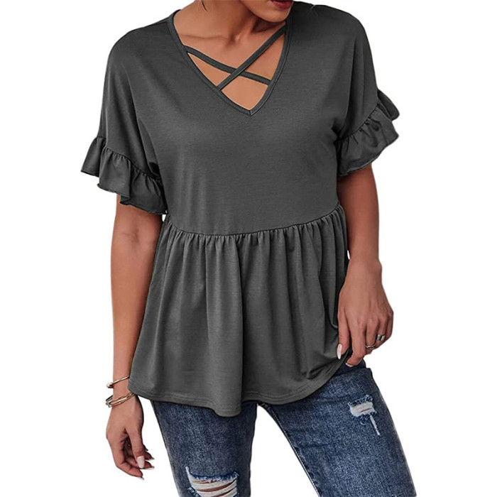 New Hot Selling V-Neck Ruffle Short Sleeve Loose Casual Top T-Shirt