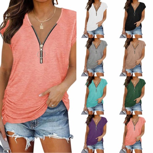 Women's Spring and Summer New Half Zipper Pleated Casual Short-sleeved T-shirt Top Women