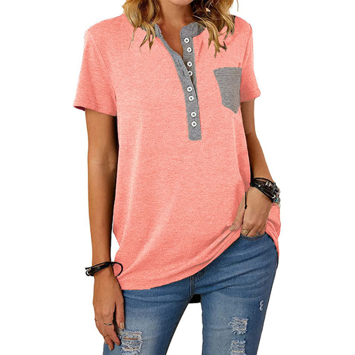 Spring And Summer New Solid Color V-neck Stitching Pocket Short-Sleeved T-shirt Women