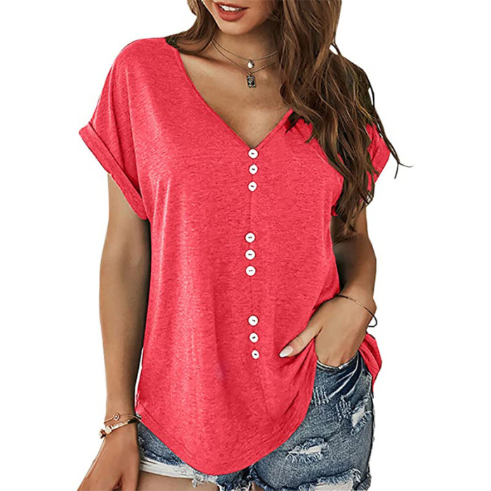 Spring And Summer New Women's Short-Sleeved Pullover Casual V-neck Decorative Button Top T-shirt
