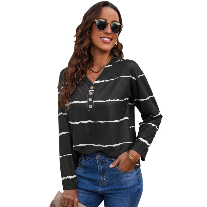 New Fashion Top V-Neck Loose Striped  Blouses & Shirts