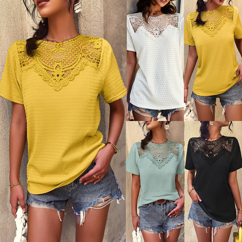 Summer Lace Stitching Sexy Solid Color Top Casual Vacation T-shirt