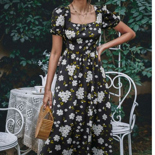 Spring and Summer New Square Neck Skirt Print Sexy Backless Vacation Dresses