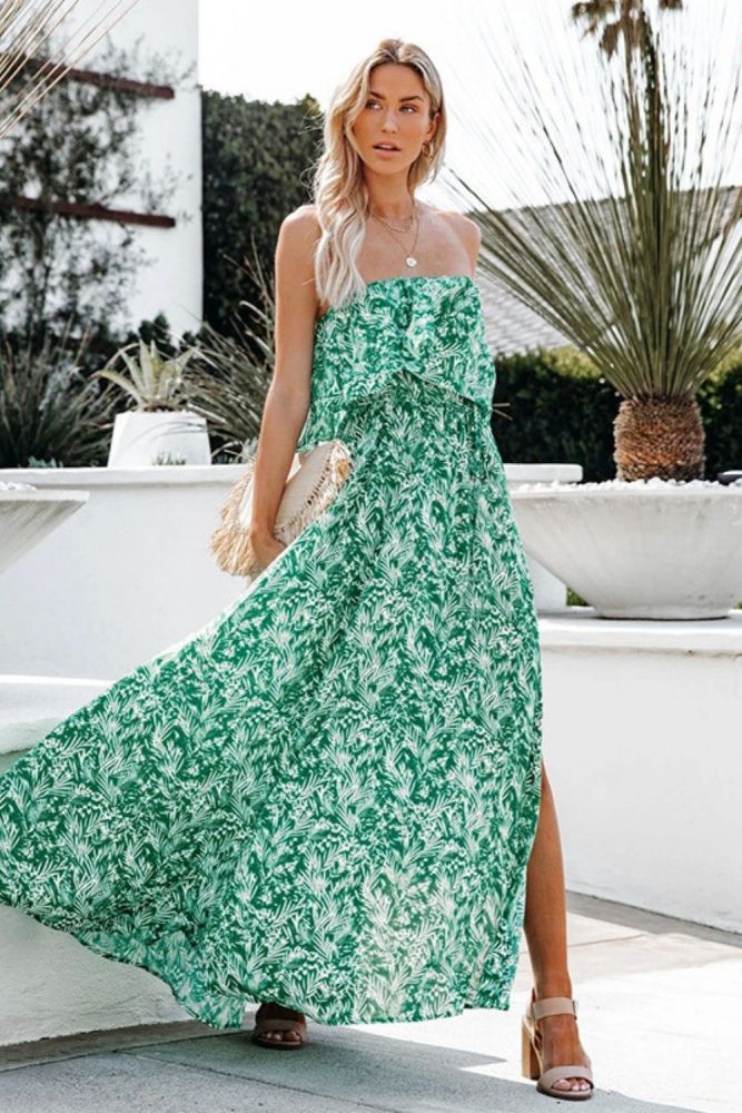 Fashion Sleeveless Maxi Wrap Print Slit Vacation Dress