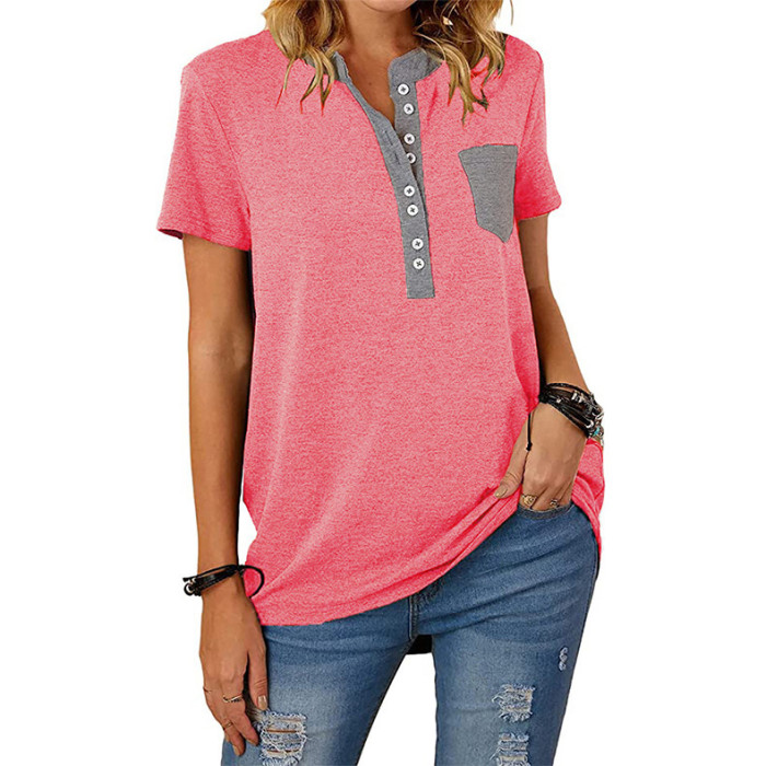 Spring And Summer New Solid Color V-neck Stitching Pocket Short-Sleeved T-shirt Women