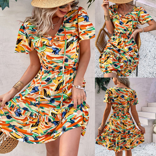 European And American Print Temperament Waist Mini Dress