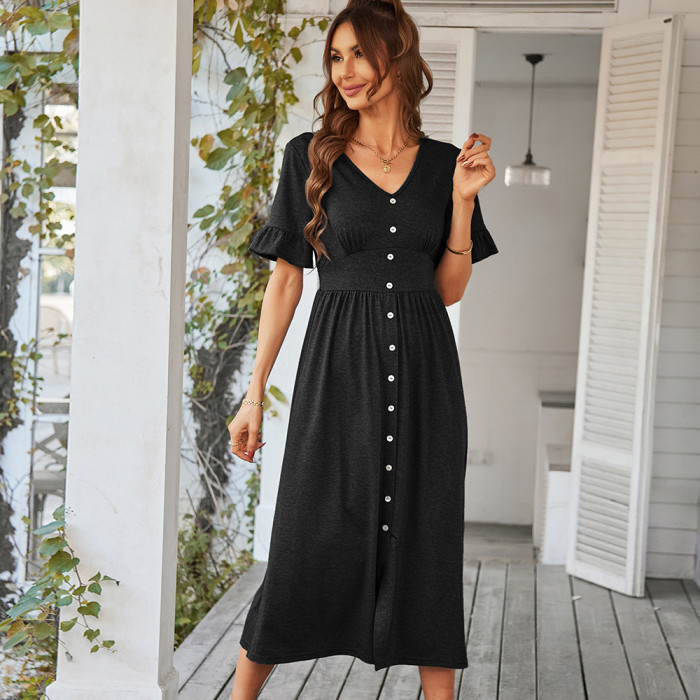 Women's Summer Solid Color Temperament Commuter Cute Maxi Dress