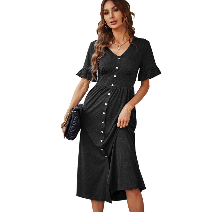 Women's Summer Solid Color Temperament Commuter Cute Maxi Dress