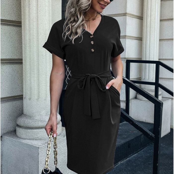Spring and Summer New Fashion Women's V-neck Solid Color Short Sleev Casual Dress