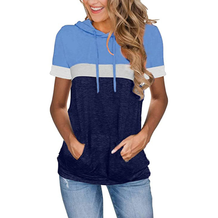 Spring And Summer Women's New Loose Casual Tops Stitching Hooded T-shirts